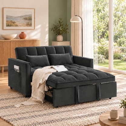 Sleeper Sofa Bed with Adjustable Backrest & Side Pockets, Black