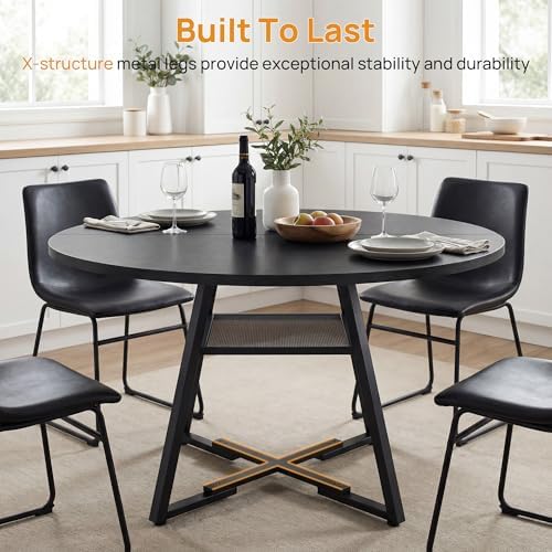 Alpen 47" Round Dining Table for 4-6, Small Kitchen Table with Storage Shelf, Wood Circle Table with Pedestal Metal Frame, Small Space Table for Apartment, Dining Room, Black