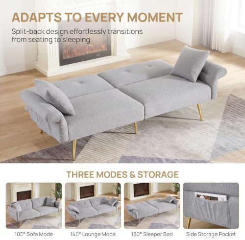 Futon Sofa Bed, Teddy Convertible Couches with Side Pocket, Gray