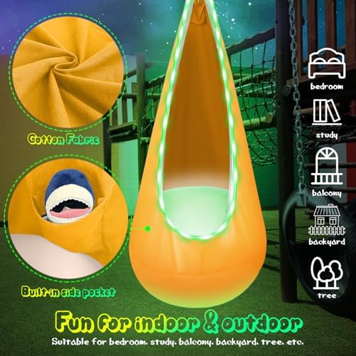 Light Up Kids Pod Swing Seat, Kids Hanging Hammock Swing with LED Lights, Sensory Pod Swing Chair with Inflatable Pillow & All Accessories, Pod Swing for Kids Indoor & Outdoor (Yellow)