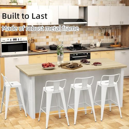 26”Metal Bar Stools Set of 4, Counter Height Stools with Removable Back, White Barstools for Kitchen Island