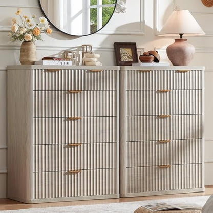 LEYAOYAO Fluted 6 Drawers Dresser for Bedroom Set of 2, 42" Tall Modern Chest of Drawers with Metal Handle, Curved Profile Design,Light Grey Wood Drawer Organizer for Bedroom, Living Room, Hallway