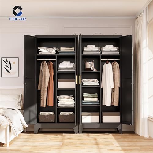 COFaR Wardrobe Closet with Doors, Metal Bedroom Armoire with Adjustable Hanging Rod and Shelves, Farmhouse Broom Closet Storage Cabinet for Garage Laundry Office, 70.87" H x 31.5" W x 17.72" D, Black