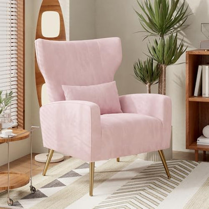 Nebuaegis Pink Velvet Accent Chair Set of 4, Wingback Chair for Living Room, High Back Arm Chair with Golden Legs Lumbar Pillow, Upholstered Single Sofa Bedroom