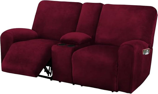 Reclining Love Seat with Middle Console Slipcover, 8-Piece Velvet Stretch Loveseat Reclining Sofa Covers, 2 seat Loveseat Recliner Cover, Thick, Soft, Washable, Loveseat Slipcovers (Burgundy - Wine)