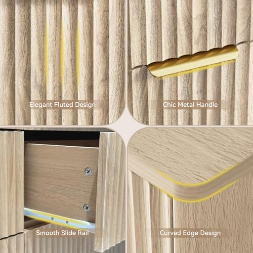 CARPETNAL Fluted 5 Drawers Dresser for Bedroom, 45" Tall Wooden Chest of Drawers with Rounded Corners, Gold Handles, Modern Storage Organizer for Bedroom, Hallway (Beige)