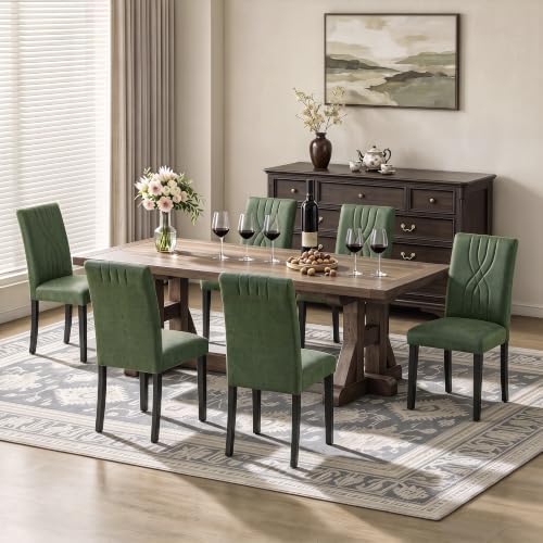 VECELO Upholstered Dining Chairs Set of 6, Modern PU Leather and Solid Wood Legs & High Back for Kitchen/Living Room- Green