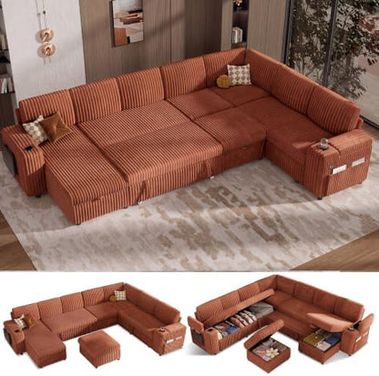 Vipbear 130" Modular Sectional Sleeper Sofa with Pull Out Bed, 9 Seat Corduroy L Shaped Couch with Ottoman and Chaise|USB Ports|Cup Holders|Side Table, Tool Free Assembly, Orange