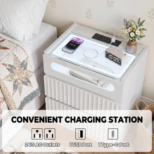Fluted LED Nightstand with Charging Station,3 Drawer,White