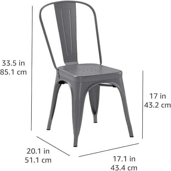 Amazon Basics Metal Dining Chairs, Easy to Assemble, Indoor/Outdoor, Stackable, 330-Pound Capacity, Dark Gray, 4-Pack, 20.1 x 17.1 x 33.5 inches