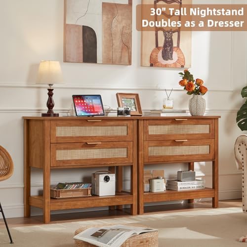 LEYAOYAO 31.5" Wide Rattan Night Stand with Charger Station, Boho