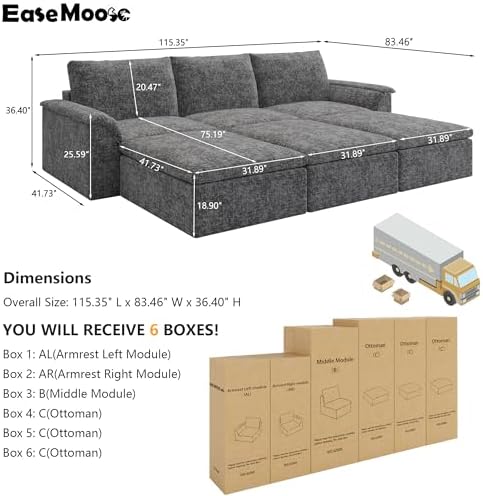 EASE MOOSE 115" Cloud Sleeper Sofa, Boneless Modular Couch for Living Room