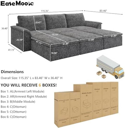 EASE MOOSE 115" Cloud Sleeper Sofa, Boneless Modular Couch for Living Room