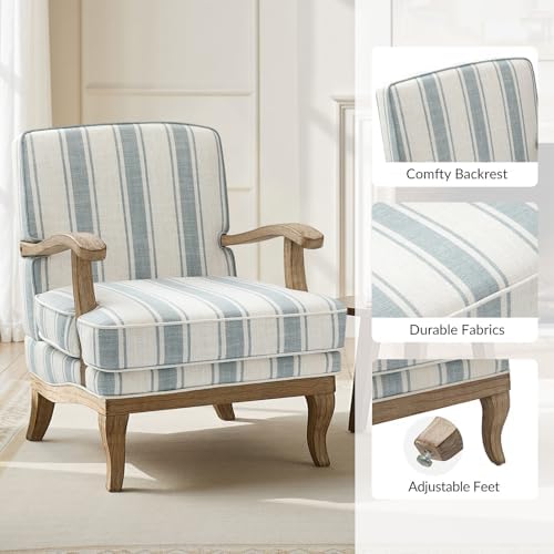 HULALA HOME Farmhouse Striped Accent Chairs Set of 2 with Wood Legs, Blue