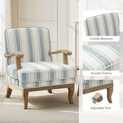 HULALA HOME Farmhouse Striped Accent Chairs Set of 2 with Wood Legs, Blue