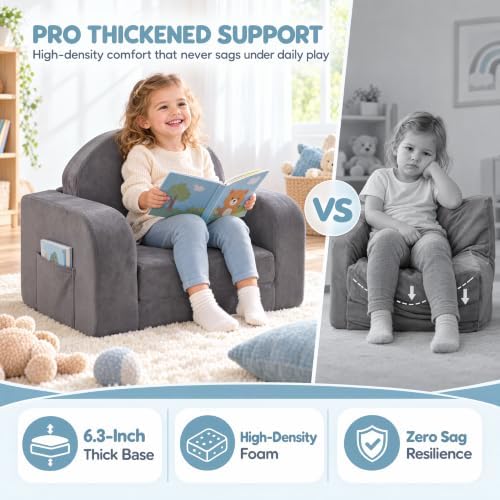 Kids Couch 2-in-1 Foldable Kids Sofa, Thick Foam & Extra Large,Grey