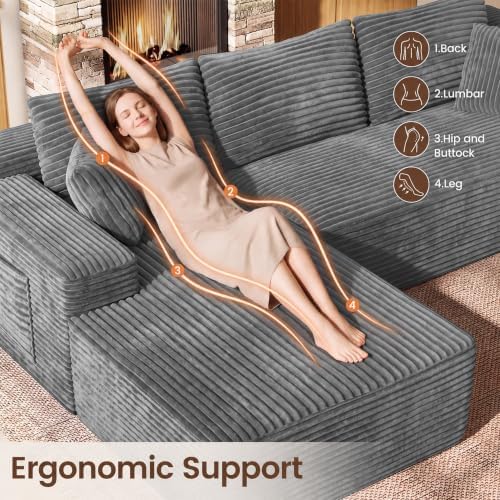 WINBOY 106" L Shaped Boneless Couches for Living Room, Comfy Modular Deep Seat Compressed Corduroy Sofawith Side Pocket,Grey, Left Facing Chiase