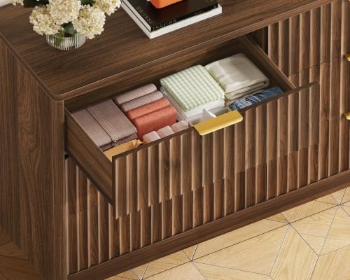 Fluted 6 Drawer Dresser for Bedroom, Wide Modern Chest of Drawers with Metal Handle, Curved Profile Design, Wood Closet Clothes Storage Organizer for Bedroom, Hallway, Walnut