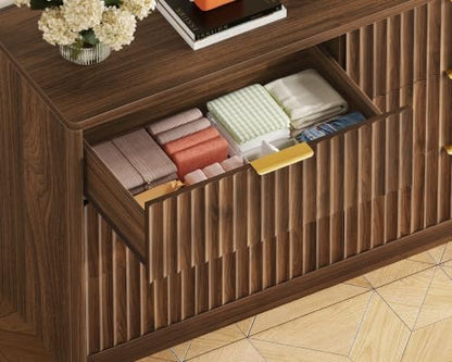 Fluted 6 Drawer Dresser for Bedroom, Wide Modern Chest of Drawers with Metal Handle, Curved Profile Design, Wood Closet Clothes Storage Organizer for Bedroom, Hallway, Walnut
