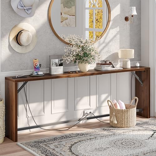 TIQLAB Sofa Table, 79''L x 9.1''W (1.2'' Thickness) Long Console Table Behind Couch, Entryway Table with Angled Metal Frame, Industrial Console Table, Black Walnut