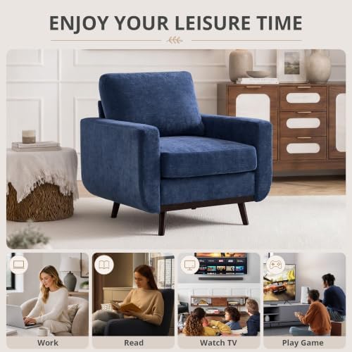 Accent Chair for Bedroom,Reading Chair with Deep Seat,Chenille Armchair with Wood Legs, Comfy Living Room Chairs Single Sofa for Bedroom,Living Room and Apartment(Set of 2,Blue)