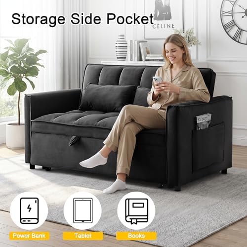 53" Sofa Bed, Velvet 3-in-1 Pull Out Couch & Loveseat Sleeper Sofa, Compact Convertible Folding Couch with Adjustable Backrest for Small Spaces, Black