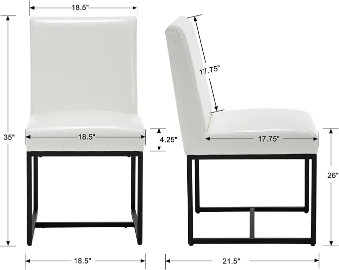 VESCASA Faux Leather Upholstered Dining Chairs with Black Metal Frame, Mid Century Modern Padded Kitchen Chair with Adjustable Foot Pads for Restaurant, Dining Room, Set of 2, White