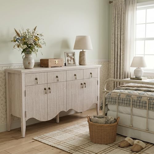 57" Fluted Sideboard Buffet with Storage, 4 Doors & 3 Drawers, Oak