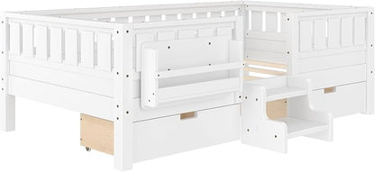 Bellemave Twin Montessori Bed with Stairs, Rails and Slats, Twin Size Montessori Floor Bed with Bookshelf and 2 Storage Drawers, Easy Assemble Beds Frame for Girls, Boys, White