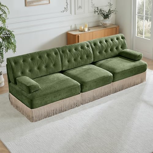 106" Velvet Chesterfield Modular Sectional Sofa, Oversized Button Tufted 3-Seater Couch with Floor-grazing Tassel Fringe Skirt and Curved Square Armrests, Easy Assembly, for Living Room, Green