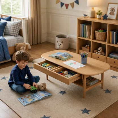 100% Solid Oak Wood Coffee Table with Storage for Living Room, 47.24"W