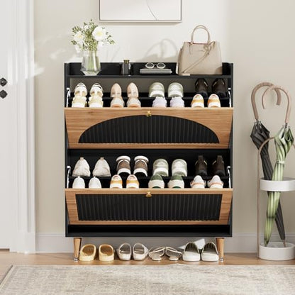 Shoe Storage Cabinet with 2 Flip Drawers (Black and Wood, 2 Flip Drawers)