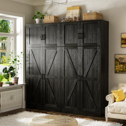 Unikito 71” Tall Storage Cabinet, Farmhouse Kitchen Pantry Storage Cabinet with Adjustable Shelves and Barn Doors, Versatile Storage Cupboard for Dinning Room, Bathroom, Living Room, Black Oak, 2 Pack