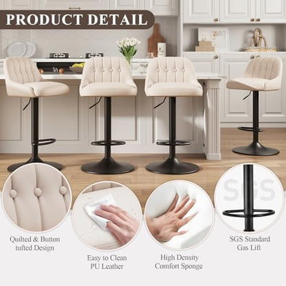 MALOL Bar Stools Set of 6, Swivel Bar Chairs, Modern Adjustable PU Leather Upholstered Barstools Counter Height with Tufted Back for Bar, Kitchen Counter Island, Dining Room, Beige