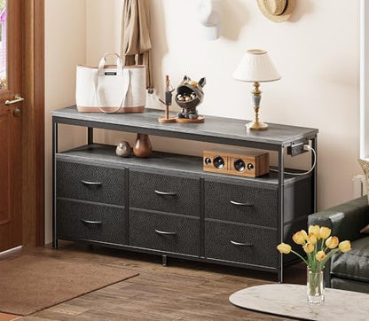 Huuger LED TV Stand for Bedroom, 47 Inch Dresser TV Stand for 43, 50, 55 Inch TV, Grey Black TV Stand with Storage, Entertainment Center with Power Outlets, 6 Drawer Fabric Dresser for Living Room