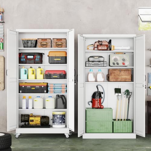 74" Metal Garage Storage Cabinet with Wheels, Locking Doors, 5 Shelves