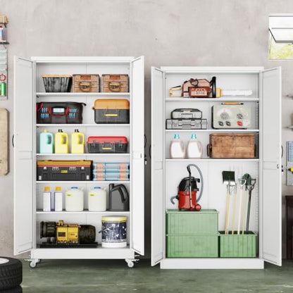 74" Metal Garage Storage Cabinet with Wheels, Locking Doors, 5 Shelves