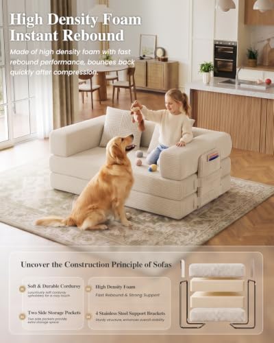 61" 5-in-1 Boneless Futon Sofa Bed, Corduroy, Washable Cover, No Assembly