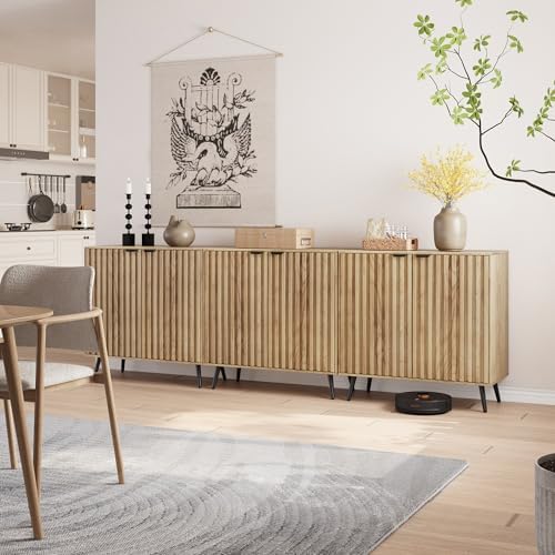 Buffet Cabinet with Storage, Sideboard Cabinet with Fluted Doors and Metal Legs, Storage Cabinet with Adjustable Shelf, Accent Table for Living Room, Kitchen, Entryway - Natural