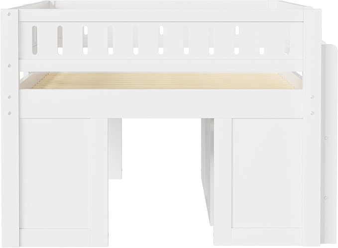 Full Size Loft Bed with Storage Cabinet & Chalkboard Panel, Wood Loft Bed Frame, Space-Saving Design, White