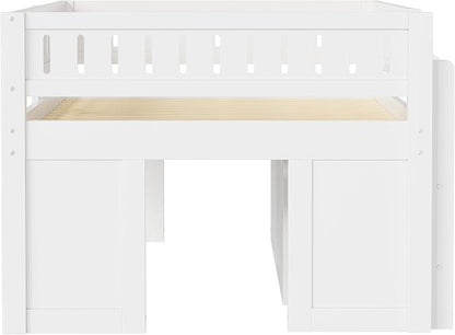 Full Size Loft Bed with Storage Cabinet & Chalkboard Panel, Wood Loft Bed Frame, Space-Saving Design, White
