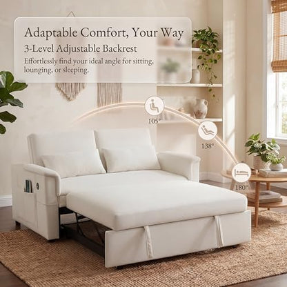 Convertible Sleeper Sofa Bed with USB Port & Side Pockets, White