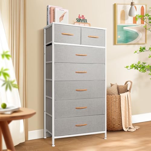 Mifuro Tall Dresser for Bedroom, Vertical Storage Organizer Tower with 7 Drawers, Chest of Drawers with Fabric Bins, Steel Frame, Wood Top for Bedroom, Closet, Entryway- Light Grey
