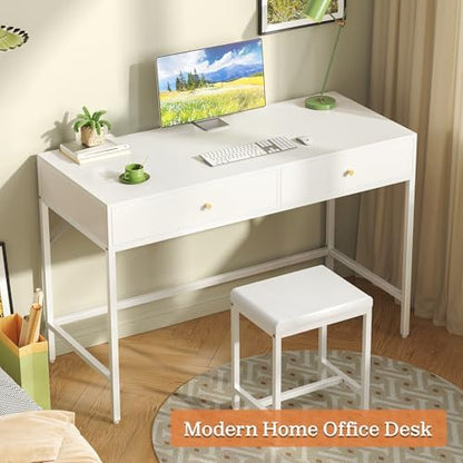 SUPERJARE 43-inch White Desk with 2 Drawers and Padded Stool