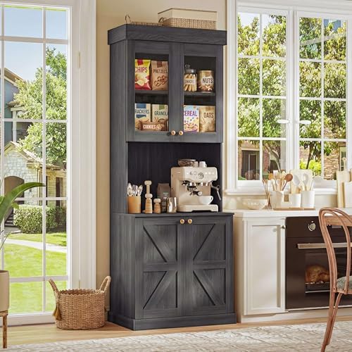 Vyre 71" Farmhouse Kitchen Pantry Cabinet, Black Freestanding Coffee Bar Hutch with Glass Doors, Drawers & Adjustable Shelves, Microwave Stand Storage Organizer for Living Room & Kitchen, Set of 4