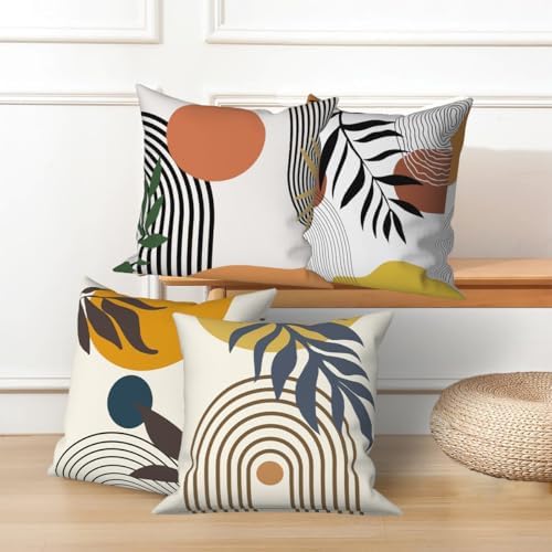 4 Pcs/Set Abstract Line Throw Pillow Covers Boho Sun Moon Arch Botanical Leaves Geometric Lines Plants Linen Throw Cushion Cases for Couch Sofa Bedroom Decorative, 22"x22"
