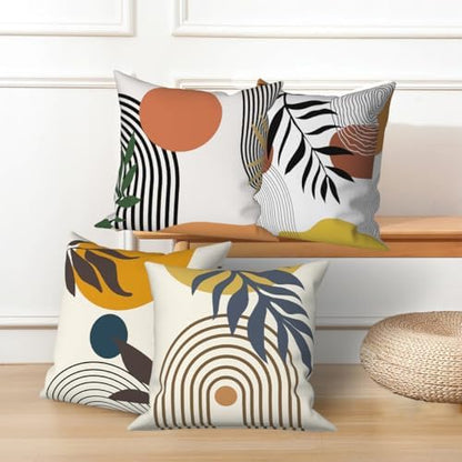 4 Pcs/Set Abstract Line Throw Pillow Covers Boho Sun Moon Arch Botanical Leaves Geometric Lines Plants Linen Throw Cushion Cases for Couch Sofa Bedroom Decorative, 22"x22"