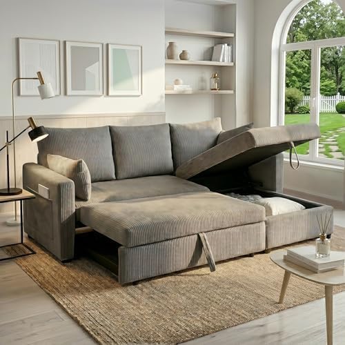 Sectional Sleeper Sofa with Pull Out Bed, LShape Convertible Sofa Bed Couch with Storage Chaise, 3 in 1 Pull Out Sofa Bed with 3 Seats, for Living Room,Apartment, Gray, 85Inch