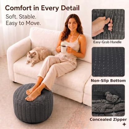 Round Pouf Ottoman, Charcoal Gray, 20"x13", Corduroy Foot Rest