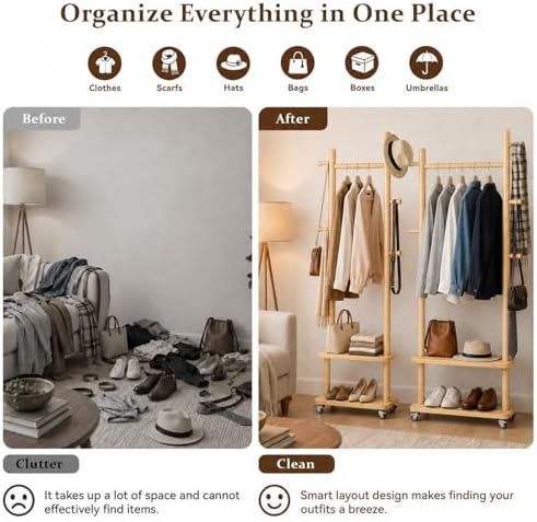 Coat Rack Freestanding Solid Wood Clothes Rack with Wheels